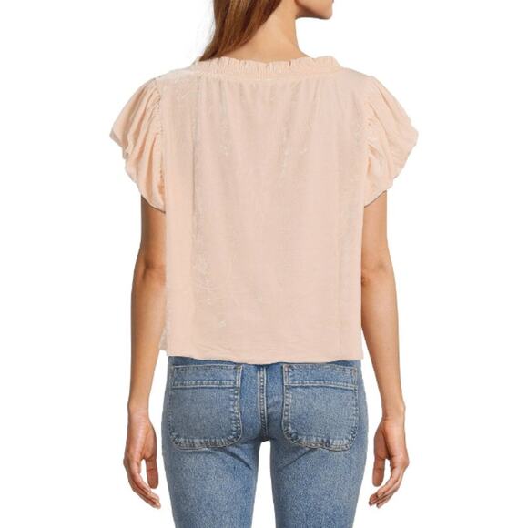 NEW FREE PEOPLE Pink Terese Velvet Ruffle Sleeve Blouse Top Oversized XS - Picture 2 of 7